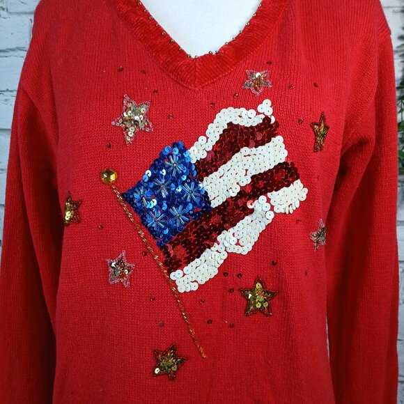 WOMENS VINTAGE QUACKER FACTORY PATRIOTIC SEQUIN FLAG SWEATER, SMALL - Picture 10 of 12